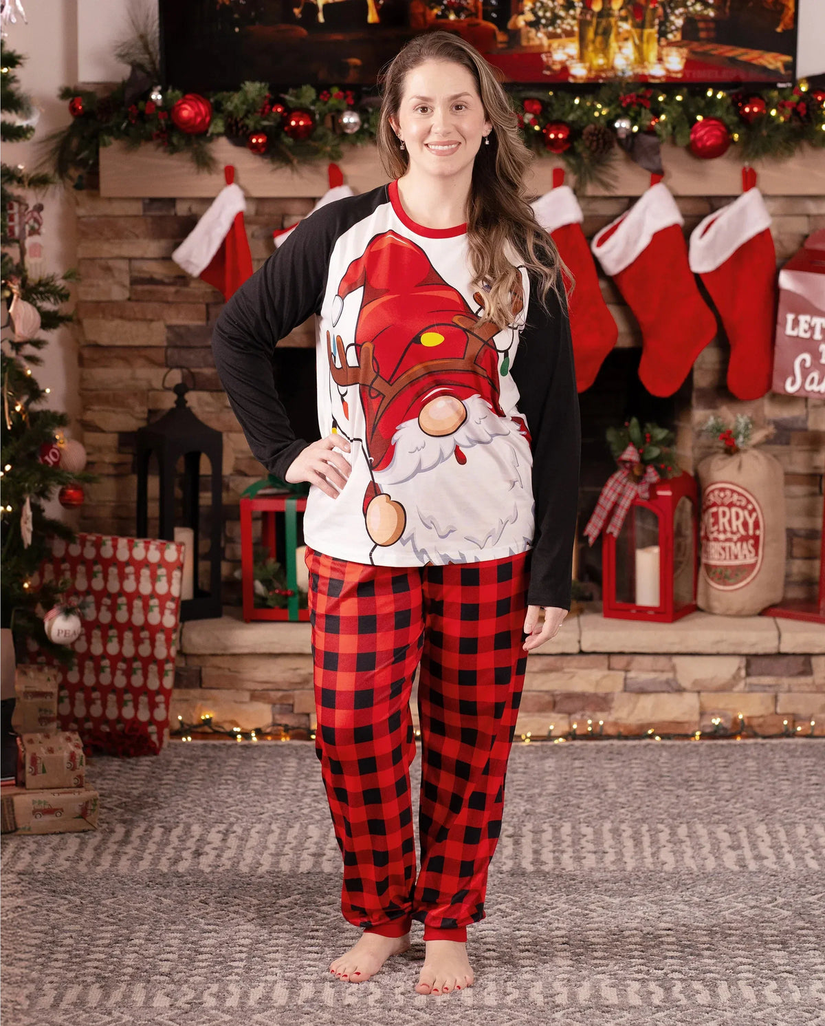 PatPat Family Matching Christmas Pajamas Gnome & Plaid Print Red